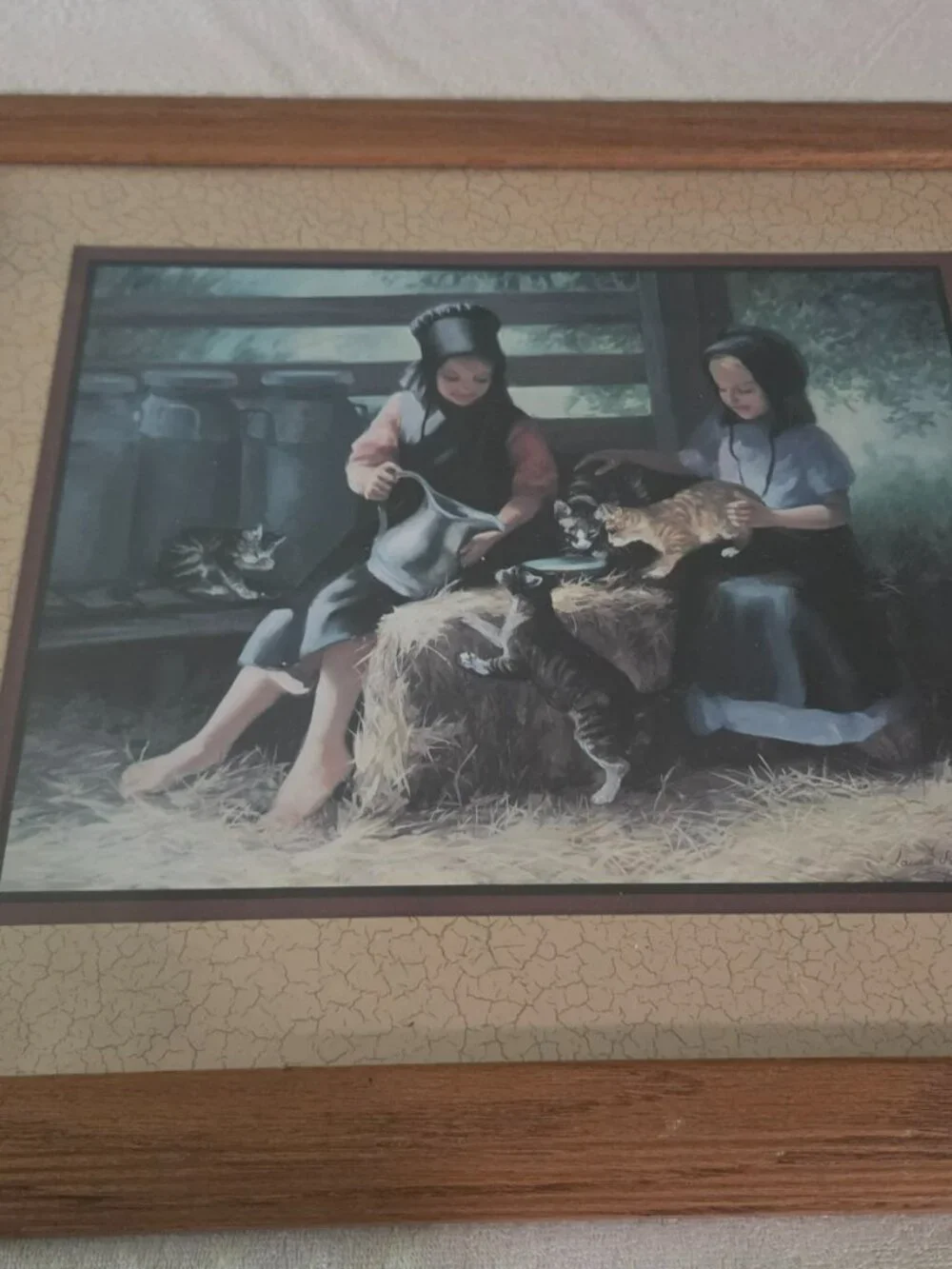 SHARING WITH A FRIEND FRAMED ART 2 GIRLS FEEDING KITTENS ARTIST SIGNED